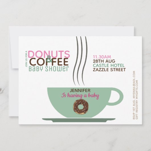 KAFFEE DONUTS Kinderdusche Einladung Pink Turq (Vorderseite)