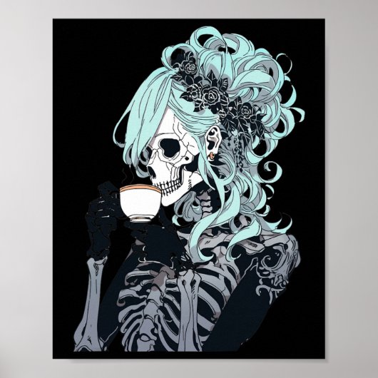 Kaffee Drink Skeleton Messy Bun Halloween Costu Poster (Vorne)