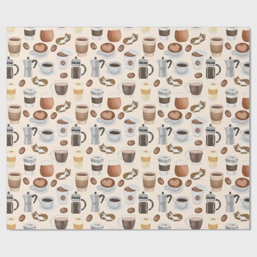 Kaffee Drinks und Katzen Muster Niedlich Geschenkpapier (Flach)