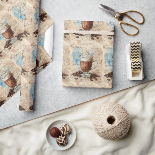 Kaffee Ephemera Wasserfarbe Collage Geschenkpapier (Kunsthandwerk)