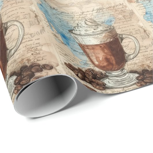 Kaffee Ephemera Wasserfarbe Collage Geschenkpapier (Rolleneckpunkt)