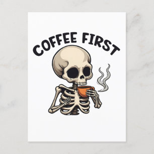 Kaffee Erste Spooky Halloween Skelett Koffein Ankündigungspostkarte