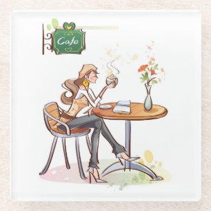 Kaffee-Frau in einem Niedlichen Café Glasuntersetzer
