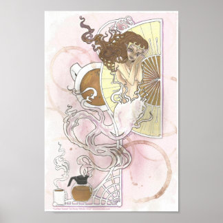 Kaffee Genie Fantasy Art Nouveau Pink Brown Poster