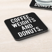 Kaffee, Gewichte und Donuts - Funny Novelty Gym Getränkeuntersetzer (Linke Seite)