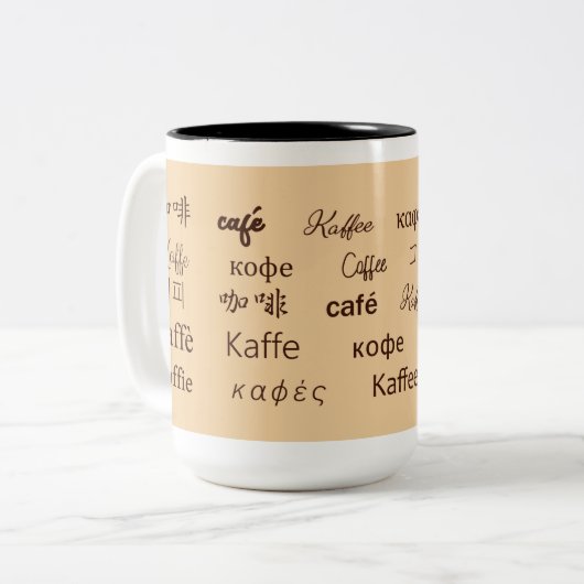 Kaffee in 13 Sprachen Zweifarbige Tasse (Vorderseite Links)