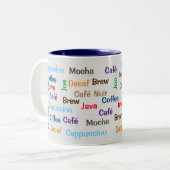 Kaffee in jeder Sprache Zweifarbige Tasse (Vorderseite Links)