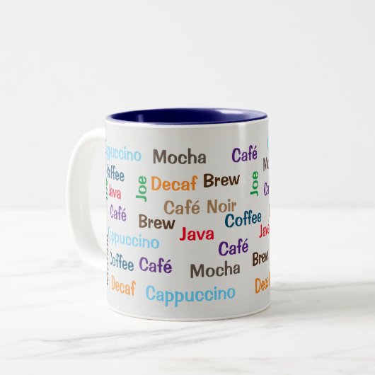 Kaffee in jeder Sprache Zweifarbige Tasse (Vorderseite Links)