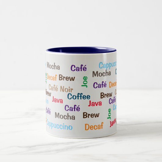 Kaffee in jeder Sprache Zweifarbige Tasse (Mittel)