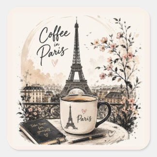 Kaffee in Paris Eiffelturm-Mug-Art – Elegantes Fre Quadratischer Aufkleber