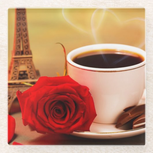 Kaffee in Paris mit Rote Rose Glasuntersetzer (Vorderseite)