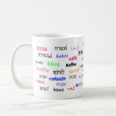 Kaffee, in vielen Sprachen Kaffeetasse (Links)