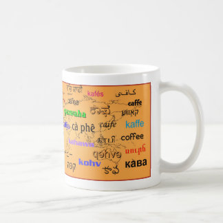 Kaffee, in vielen Sprachen, mit Kartenhintergrund Kaffeetasse