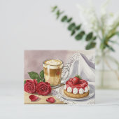 Kaffee Latte Cheesecake Strawberry Rose Postkarte (Stehend Vorderseite)