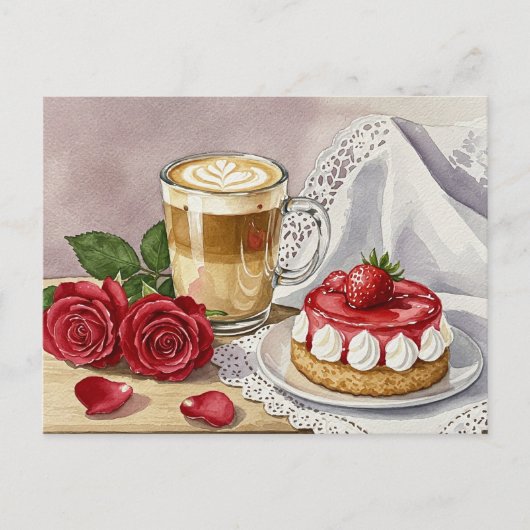 Kaffee Latte Cheesecake Strawberry Rose Postkarte (Vorderseite)