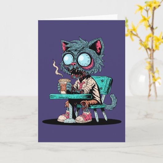 Kaffee liebend Zombie Cat Karte (Gelbe Blume)