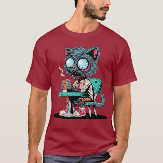 Kaffee liebend Zombie Cat T-Shirt (Vorderseite)