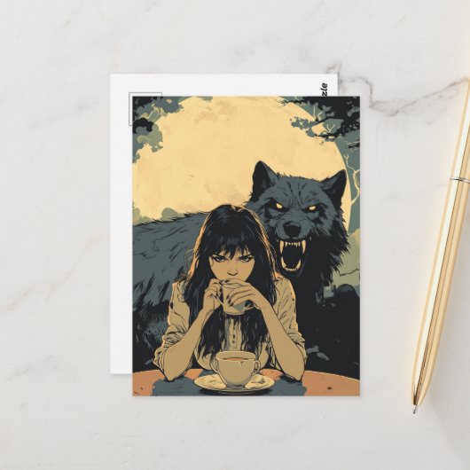 Kaffee mit dem Wolf Postkarte (Vorderseite/Rückseite Beispiel)