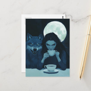 Kaffee mit dem Wolf während einer Vollmondfantasie Postkarte