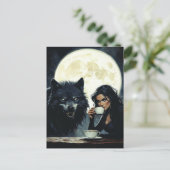 Kaffee mit dem Wolf während eines Vollmonds Postkarte (Stehend Vorderseite)