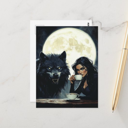 Kaffee mit dem Wolf während eines Vollmonds Postkarte (Vorderseite/Rückseite Beispiel)