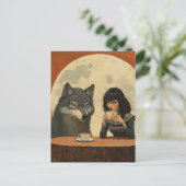 Kaffee mit dem Wolf während eines vollmondstimmung Postkarte (Stehend Vorderseite)