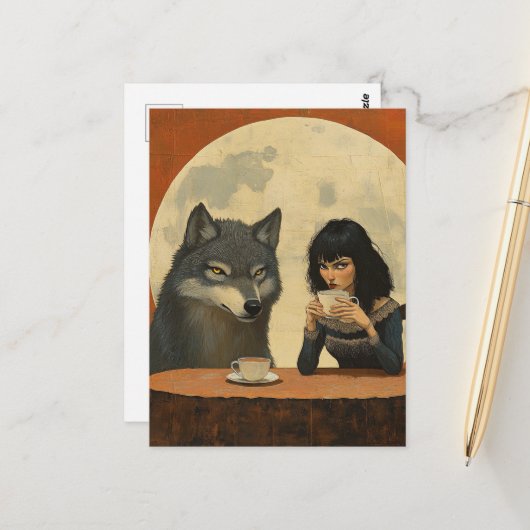 Kaffee mit dem Wolf während eines vollmondstimmung Postkarte (Vorderseite/Rückseite Beispiel)