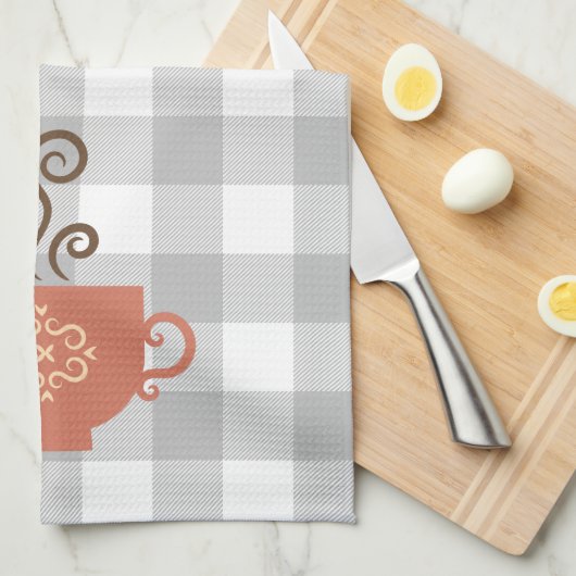 Kaffee oder Tee Cup auf Gray Buffalo Kariert Geschirrtuch (Viertel Falte)