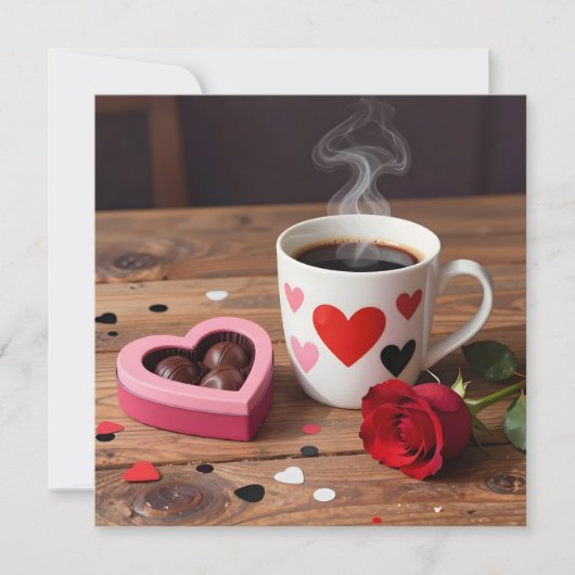 Kaffee, Pralinen, rote Rose Valentinstag Feiertagskarte (Vorderseite)