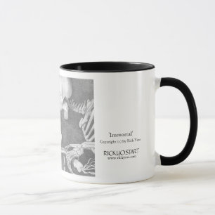 Kaffee-Tasse, Skelett auf dem Fahrrad, das eine Tasse