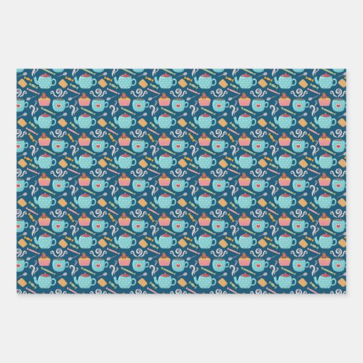 Kaffee Tee Biscuit Cupcake Teapot Blau Geschenkpapier Set (Vorderseite 2)