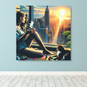 Kaffee trinken Frauen bei Sonnenaufgang in der Sta Leinwanddruck (Insitu (Holzboden))