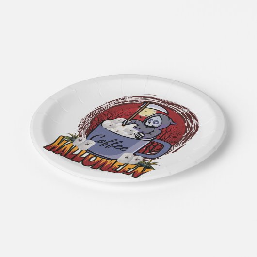 Kaffee trinken und Beängstigend sein Pappteller (Schrägansicht)