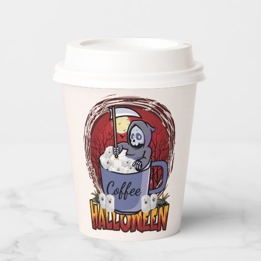 Kaffee trinken und Beängstigende Papiertücher mach Pappbecher (Vorderseite)