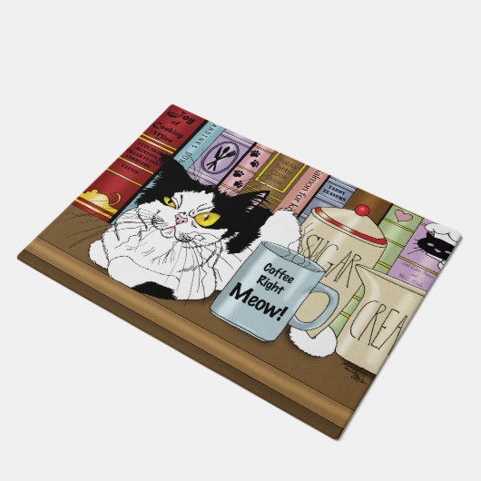 Kaffee Tuxedo Cat Funny Fußmatte (Schrägansicht)