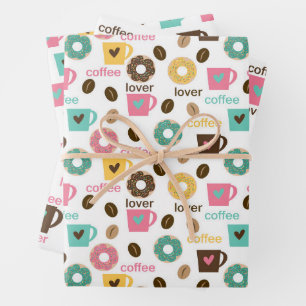 Kaffee- und Donut-Muster Geschenkpapier Set