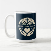 Kaffee und Glaube: Liebe. Lebe. Arbeit. Kaffeetasse (Links)