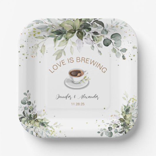 Kaffee und Grünpflanzen Polterabend Pappteller (Vorderseite)