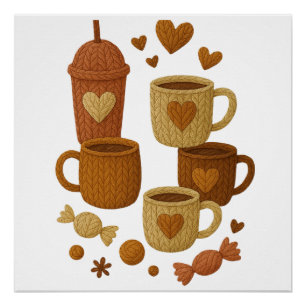 Kaffee Valentinstag Liebe Gestrickte Herzen Umarme Poster
