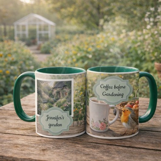 Kaffee vor der Gartengestaltung Rotkehlchen Morgen Tasse