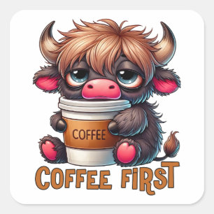 Kaffee zuerst Kaffee-Liebhaber-Geschenke Quadratischer Aufkleber