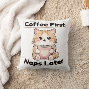 Kaffee zuerst, Nickerchen später, süße Katze   Kaw Kissen