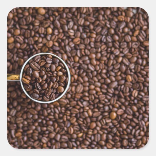 Kaffeebohnen mit Kaffee-Cup voller Bohnen Quadratischer Aufkleber (Vorderseite)