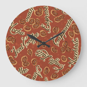 Kaffeebohnen: typografisches Vintage-Muster. Große Wanduhr
