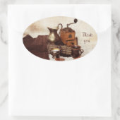 Kaffeebohnen und alte Kaffeemühle bedanken sich be Ovaler Aufkleber (Tasche)