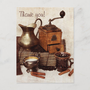Kaffeebohnen und alte Kaffeemühle danke Karte
