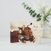 Kaffeebohnen und alte Kaffeemühle danke Karte (Stehend Vorderseite)