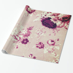 Kaffeefleckiges rosa Vintage-Blumen-Toile- Stoff Geschenkpapier