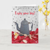 Kaffeekanne Erinnerungen & rote Tischdecke Geburts Karte (Gelbe Blume)