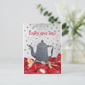 Kaffeekanne Erinnerungen & rote Tischdecke Grußkar Postkarte (Stehend Vorderseite)